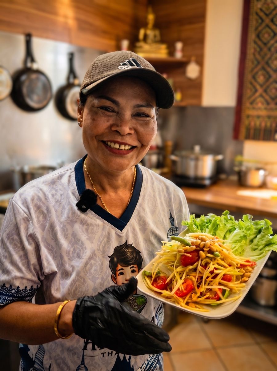 Naam von Atipchai Thai Food mit frisch zubereitetem Papaya Salat in der Küche