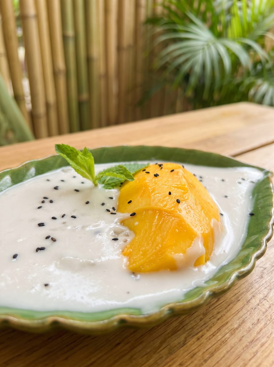Mango Sticky Rice mit Klebreis und gesüßter Kokosmilch von Atipchai Thai Food in Heilbronn