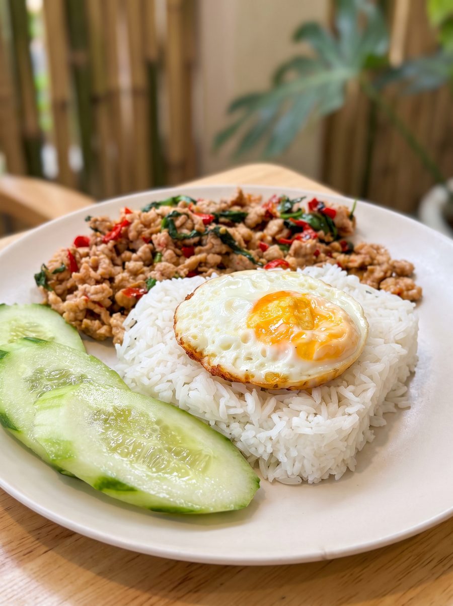 Pad Krapao – Thai-Basilikum-Gericht mit Hackfleisch, Spiegelei und Reis von Atipchai Thai Food in Heilbronn