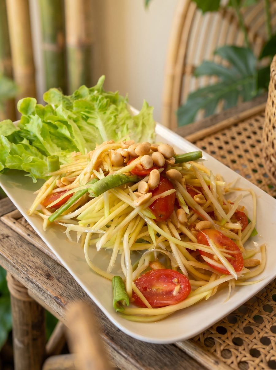 Papaya Salat mit Tomaten, Erdnüssen und Bohnen von Atipchai Thai Food in Heilbronn